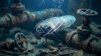 Cucaracha con traje transparente, placa de circuito y tubos bajo el agua con burbujas. Se ven tuberías oxidadas y escombros en el fondo.
