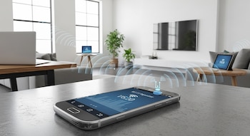 Un celular Android plateado sobre una mesa gris en una sala moderna, emite ondas WiFi que alcanzan una laptop, tablet y televisor.