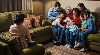 Pintura al óleo muestra a mujer de espaldas en un sofá verde; en otro sofá, una familia latina con un hombre, tres mujeres, un bebé y dos niños.
