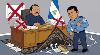 Ilustración de Daniel Ortega junto a un policía que barre cruces blancas y documentos numerados debajo de una alfombra.