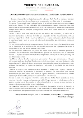 El expresidente, Vicente Fox, compartió su posicionamiento tras la detención de Ernesto Ruffo.
Crédito: X / @VicenteFoxQue