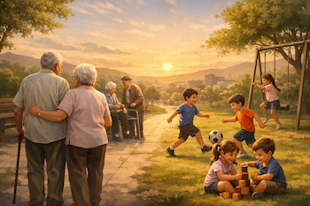 Parejas de adultos mayores y niños jugando en un parque al atardecer. Se observan árboles, un sendero, una pelota de fútbol, un columpio y bloques de madera.
