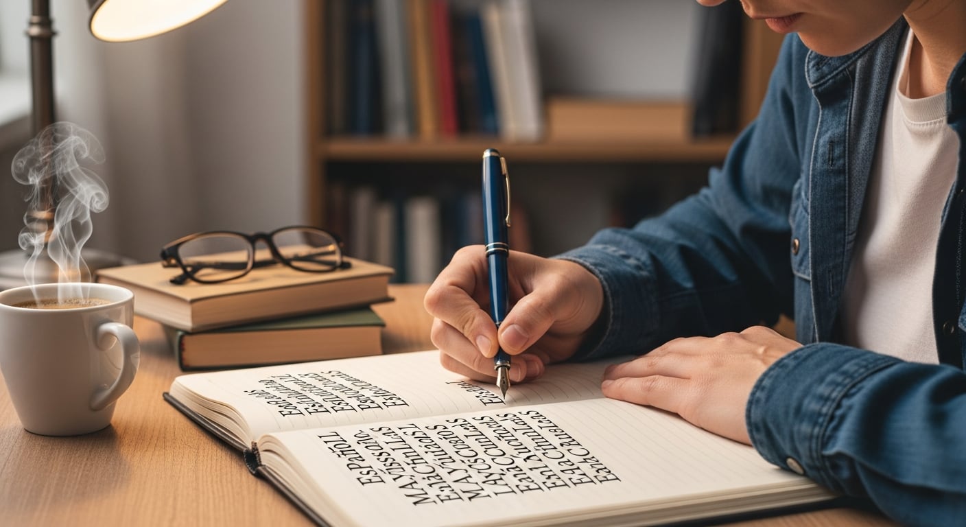 Una persona escribe palabras en español, mezclando mayúsculas y minúsculas en un cuaderno con una pluma fuente, junto a una taza de café humeante, gafas y libros. (Imagen Ilustrativa Infobae)