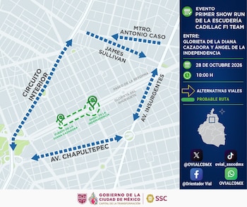 Mapa con flechas de desvío vial sobre Paseo de la Reforma, iconos de ubicación, fechas del evento e insignias institucionales de la Ciudad de México