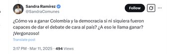 La senadora Sandra Ramírez criticó