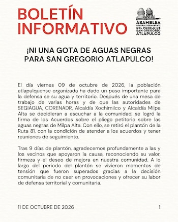 Documento con el título Boletín Informativo y el logotipo de la Asamblea General Permanente del Pueblo de San Gregorio Atlapulco