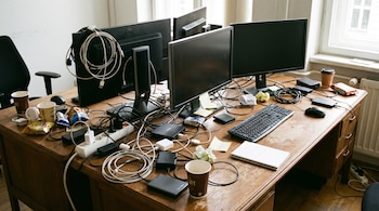 cables - escritorio - espacio de trabajo - tecnología - 30 de junio