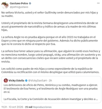 Gustavo Petro pide rectificación por acusaciones contra Verónica Alcocer difundidas por Vicky Dávila - crédito @petrogustavo/X