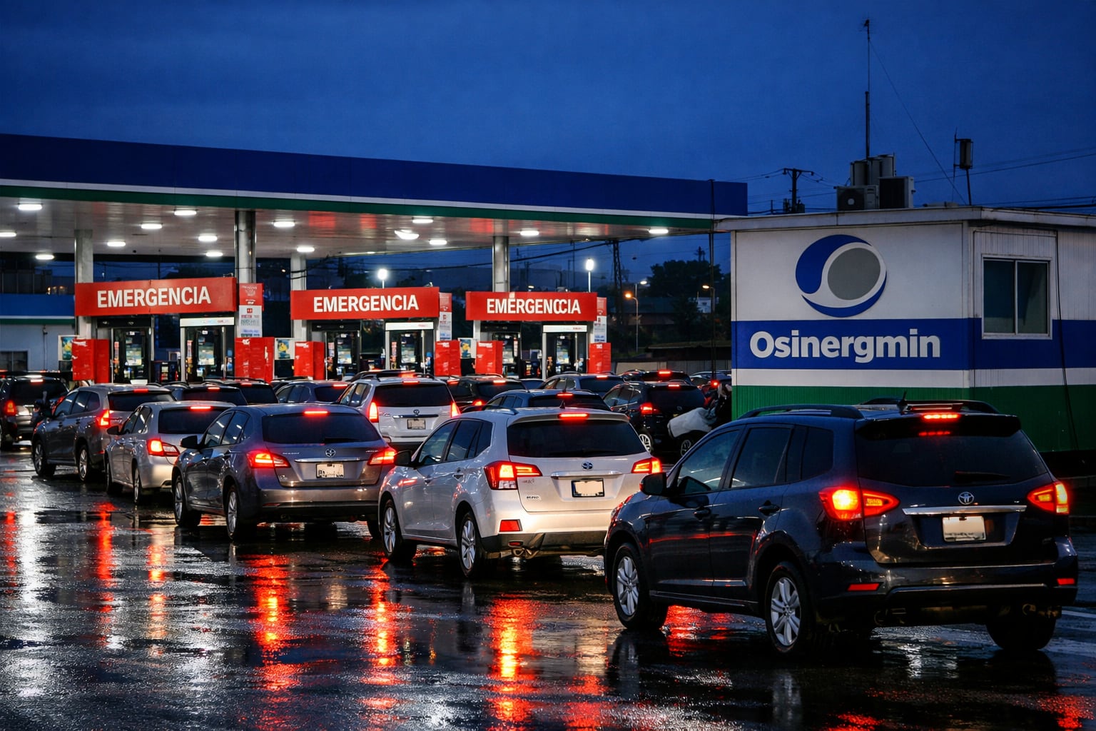 Largas filas de automóviles esperan cargar combustible en una estación de servicio con surtidores marcados con