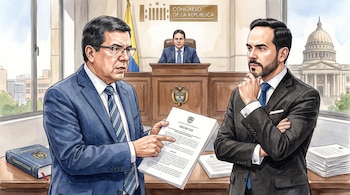 Ilustración de tres hombres en el Congreso de la República de Colombia. Uno señala un documento de decretos, otro escucha y un tercero preside.