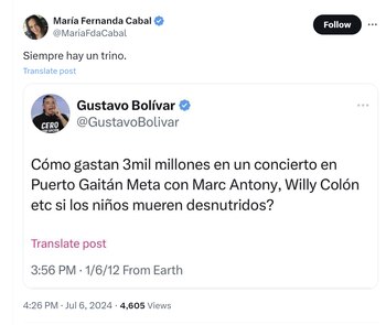 María Fernanda Cabal compartió "trino" de Gustavo Bolívar en el que rechazó la realización de un concierto - crédito @MariaFdaCabal/X