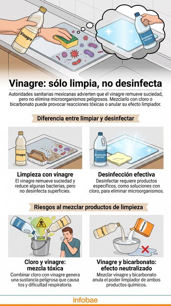 Infografía que compara la limpieza con vinagre y la desinfección con cloro, y muestra los riesgos de mezclar vinagre con cloro y vinagre con bicarbonato.
