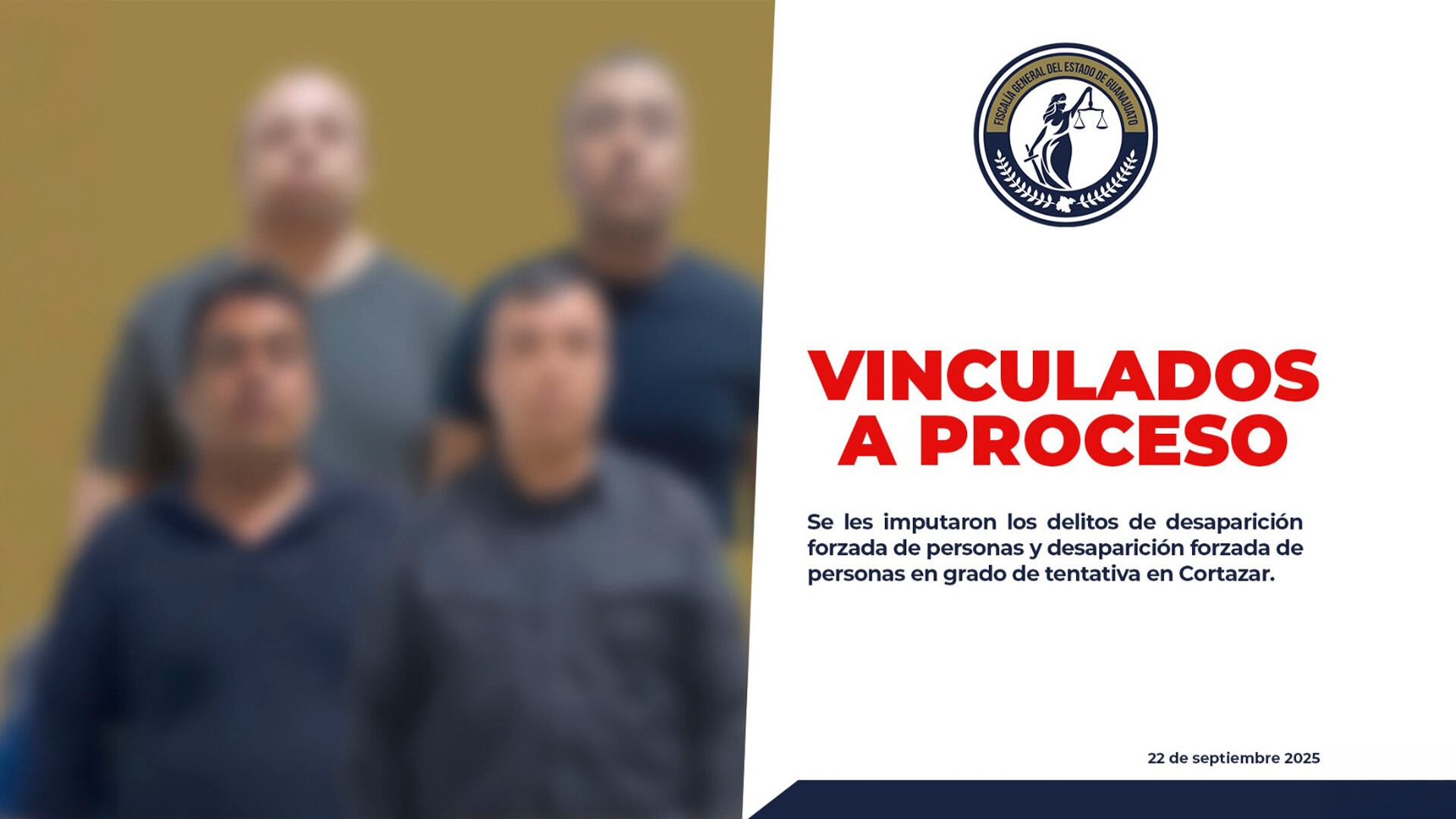 Policías estatales de Guanajuato fueron detenidos por la desaparición de cinco personas, entras cuales tres fueron encontradas con vida. (@/FGEGUANAJUATO)