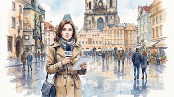 Pintura acuarela de mujer periodista con micrófono y libreta en plaza con edificios antiguos y personas caminando.