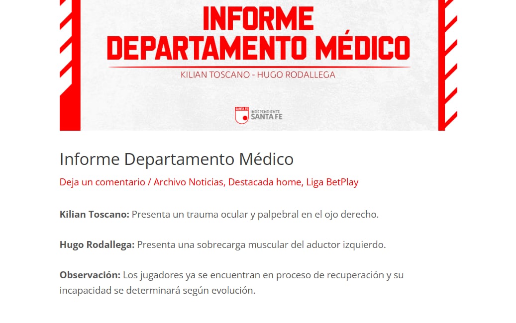 Hugo Rodallega y Kilian Toscano son bajas de Santa Fe en Liga BetPlay, tras el partido ante River por Copa Sudamericana - crédito Santa Fe