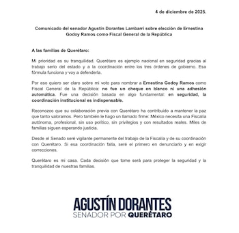 Comunicado de Agustín Dorantes, senador
