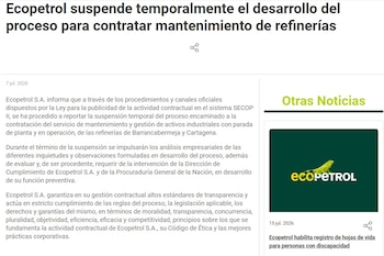 Ecopetrol reportó en SECOP II la suspensión temporal del proceso de contratación del servicio de mantenimiento y gestión de activos industriales - crédito Ecopetrol