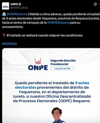 ONPE ya no pone fecha para el traslado de 9 actas de Loreto mientras Keiko Fujimori mantiene mínima ventaja sobre Roberto Sánchez. Captura: ONPE.