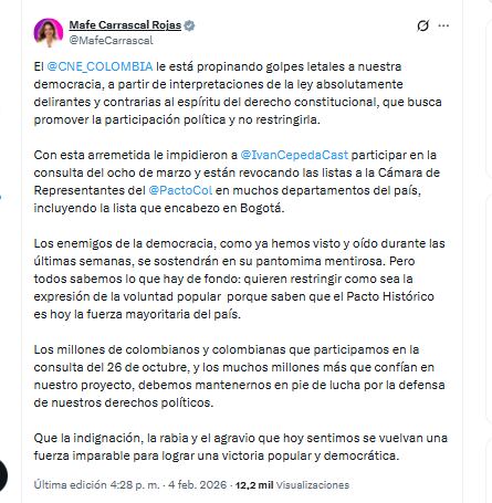 La congresista María Fernanda Carrascal Rojas rechazó revocatoria del CNE - crédito @MafeCarrascal/X