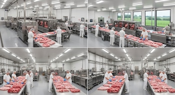 Trabalhadores com uniformes brancos e luvas azuis cortam carne vermelha em mesas de aço inoxidável em uma fábrica moderna e limpa.