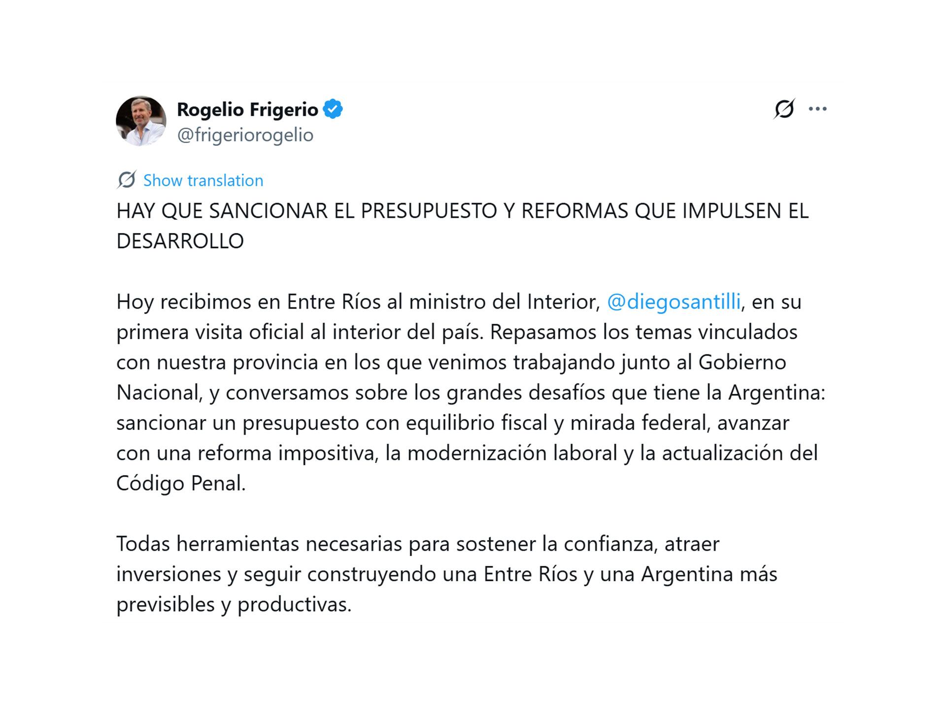 El posteo de Frigerio luego de la reunión con Santilli
