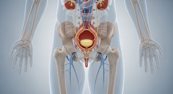 Una ilustración 3D de un torso humano transparente, con los huesos de los brazos y la pelvis visibles, y el sistema urinario que incluye riñones y vejiga llena.