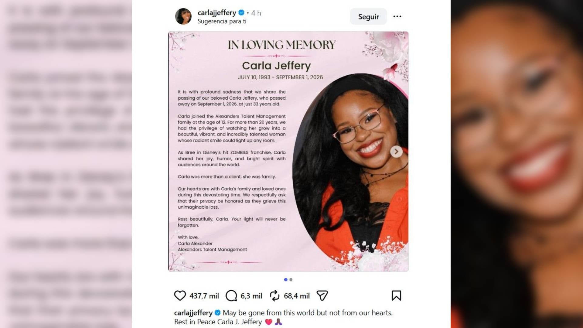 La muerte de Carla Jeffery fue comunicada en Instagram y confirmada por su representante Carla Alexander, de Alexanders Talent Management.