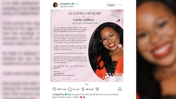Una captura de pantalla de una publicación digital con la fotografía de Carla Jeffery junto a un texto conmemorativo en inglés