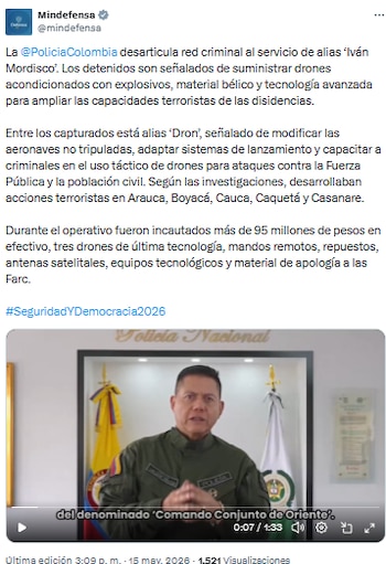 Policía Nacional desarticuló red que suministraba drones explosivos a disidencias de alias Iván Mordisco - crédito @mindefensa/X