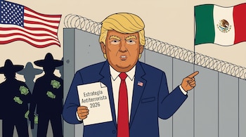 Caricatura de Donald Trump en traje, sosteniendo documento, señalando un muro fronterizo con alambre de púas. Banderas de EE.UU. y México. Siluetas de cárteles con dinero.