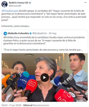 Andrés Forero cuestionó el respaldo de Claudia López a Iván Cepeda y Aida Quilcué tras sus críticas a Gustavo Petro - crédito @AForeroM/X