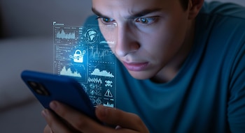 Un joven con expresión seria sostiene un smartphone, mientras gráficos de datos, un mapa mundial, iconos de calavera y un candado digital se proyectan desde la pantalla.