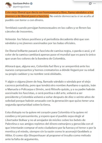 El presidente Gustavo Petro respondió con un mensaje extenso y de alto tono político, en el que cuestionó al periodista Felipe Zuleta y su trayectoria ideológica - crédito @petrogustavo/X