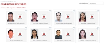 Captura de pantalla de una página web con ocho fotos de perfil de candidatos, sus nombres y el logo del Partido SiCreo, para las Elecciones 2026