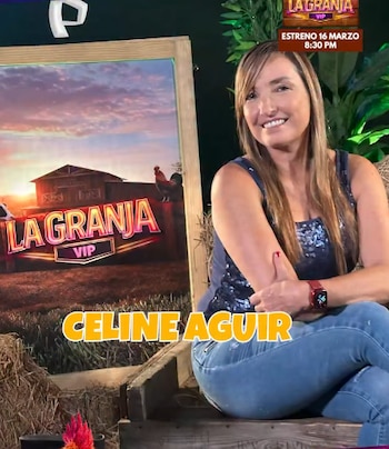 Celine Aguirre sonríe sentada frente a un póster del programa 'La Granja VIP', con un fondo de granja al atardecer y texto 'ESTRENO 16 MARZO 8:30 PM'