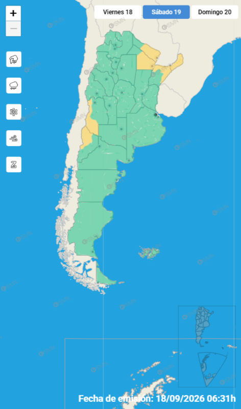 Una pequeña franja cordillerana, atravesada por nevadas, junto al noreste del país con pronóstico de lluvias (Servicio Meteorológico Nacional)