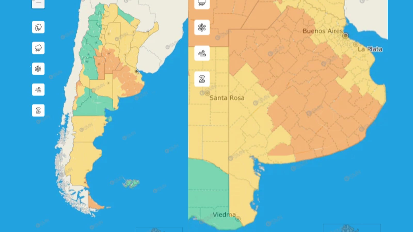 La alerta amarilla emitida por el Servicio Meteorológico Nacional abarca gran parte del sur de la provincia y sectores del Área Metropolitana