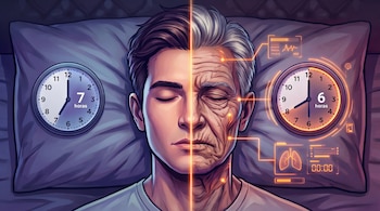 Ilustración de un rostro humano dividido en dos, mitad joven y mitad envejecida, acostado sobre una almohada. Relojes de 7 y 6 horas y gráficos de salud lo rodean.