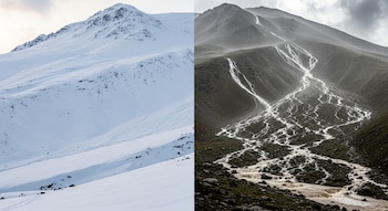 Imagen dividida de una montaña, la mitad izquierda cubierta de nieve sólida acumulada, la mitad derecha con lluvia cayendo y escorrentía en ríos.