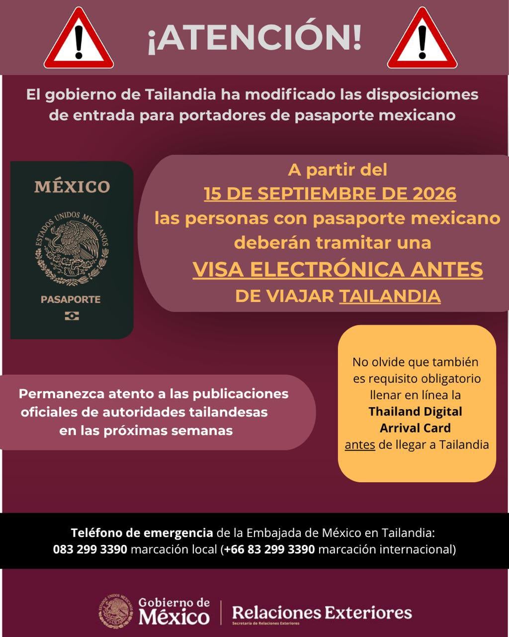 Visa de Tailandia para mexicanos. (@EmbaMexTai)