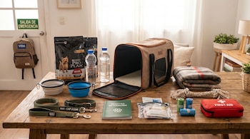 Kit de emergencia para perro en mesa de madera: comida, agua, transportadora, manta, botiquín, correa, collar, juguete, y registro veterinario. Al fondo, mochila y letrero 'Salida de emergencia'.