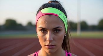 Primer plano de una mujer con cabello recogido, vincha deportiva rosa y verde neón, y gotas de sudor en la frente, sobre una pista de atletismo.