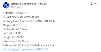 El evento tuvo una profundidad de 17 km y se ubicó a 88 km al suroeste de Ica, en la región Ica (latitud -14.66 y longitud -76.27) - Créditos: @igp_peru.