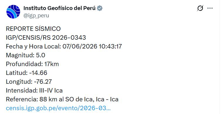 El evento tuvo una profundidad de 17 km y se ubicó a 88 km al suroeste de Ica, en la región Ica (latitud -14.66 y longitud -76.27) - Créditos: @igp_peru.