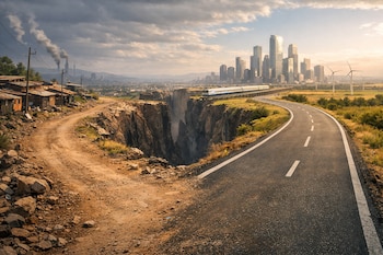 Un paisaje partido por un abismo: a la izquierda, una zona de casas precarias y humo; a la derecha, una carretera, un tren moderno y rascacielos con molinos eólicos.