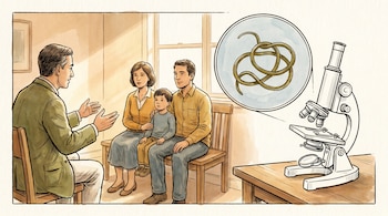 Ilustración de un médico conversando con una familia y un microscopio que muestra un parásito filiforme.