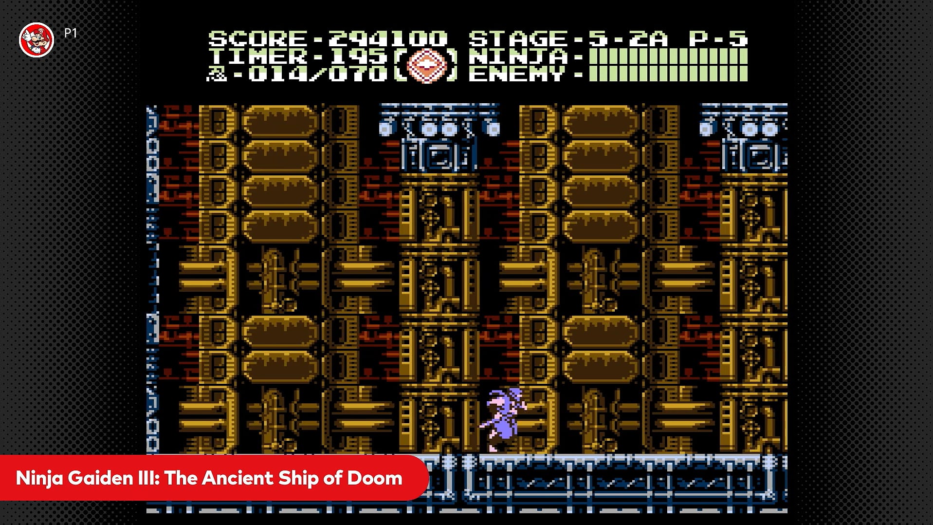 El personaje principal se desplaza por un escenario industrial en una partida del videojuego Ninja Gaiden III: The Ancient Ship of Doom. (Nintendo)