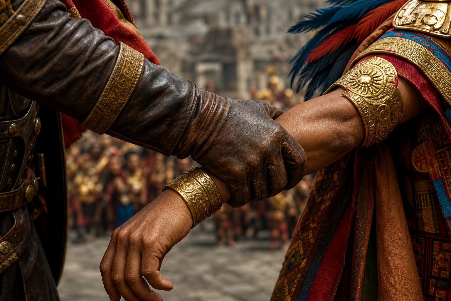 La mano con guante de cuero de un conquistador español sujeta la muñeca del soberano inca Atahualpa durante el episodio histórico de su captura. (Imagen Ilustrativa Infobae)