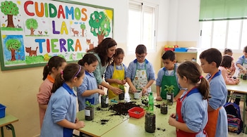 Alumnos y una maestra alrededor de una mesa con tierra y plantas en botellas plásticas, junto a un mural con el texto Cuidamos la Tierra.