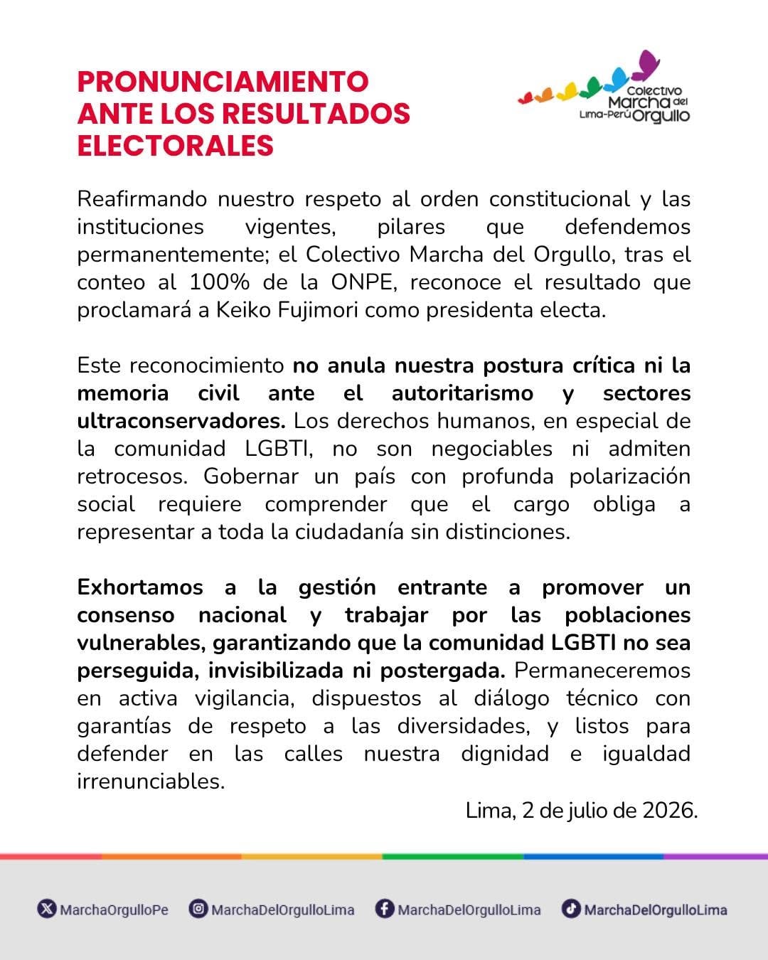 El Colectivo Marcha del Orgullo Lima-Perú emite un pronunciamiento oficial sobre los resultados electorales, reconociendo a la presidenta electa y exigiendo derechos para la comunidad LGBTI en Lima, con fecha 2 de julio de 2026. (Facebook / Marcha del Orgullo Lima)